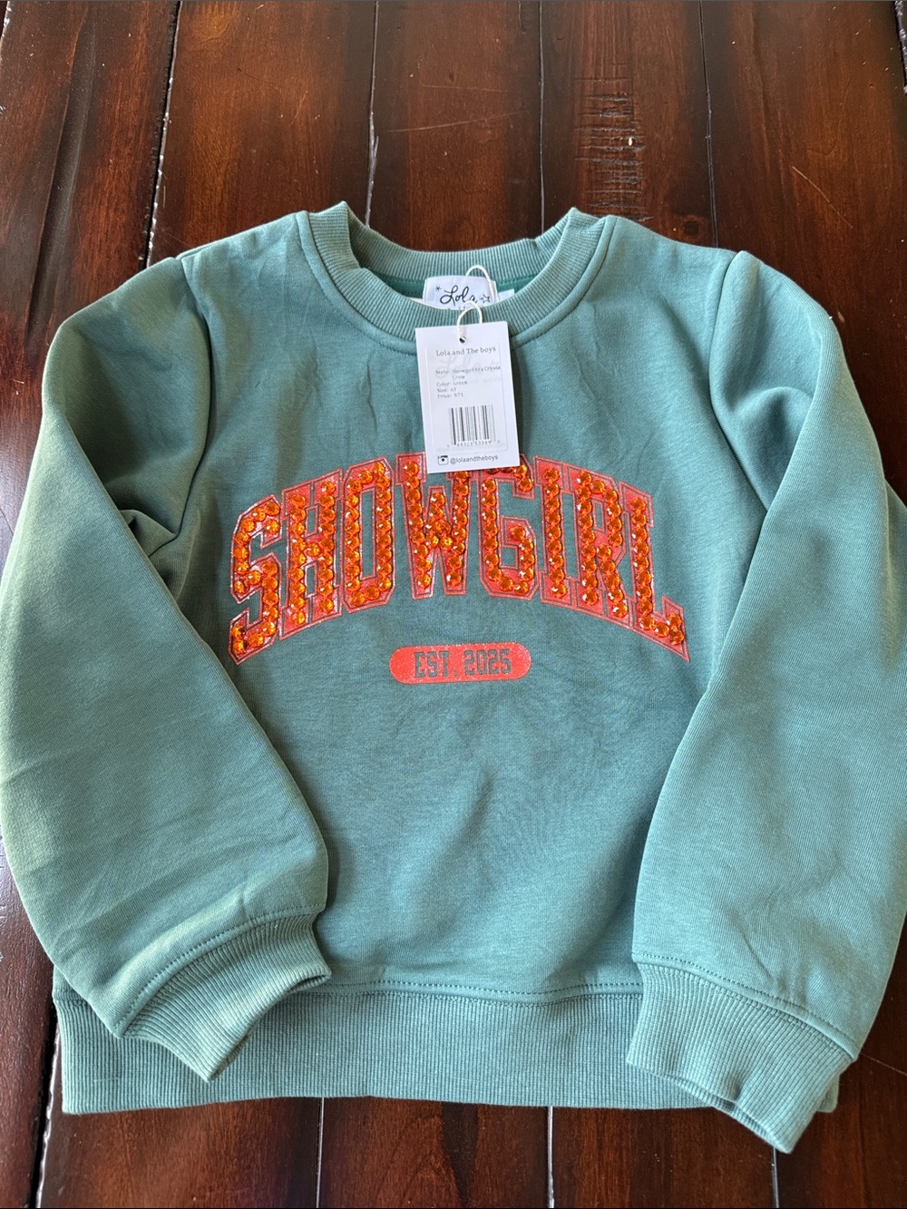 Lola + The Boys Green "SHOWGIRL" Sweatshirt with Orange & Pink Appliqué
